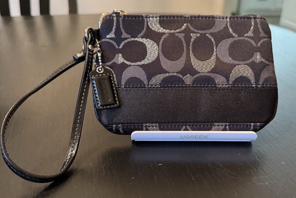 Coach Black And Silver Signature Jacquard Corner Zip Wristlet